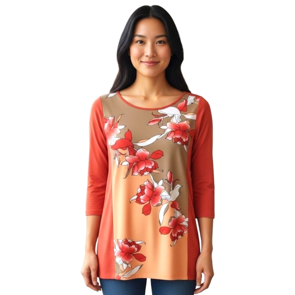 J. Jill Coral and Tan Floral Tunic